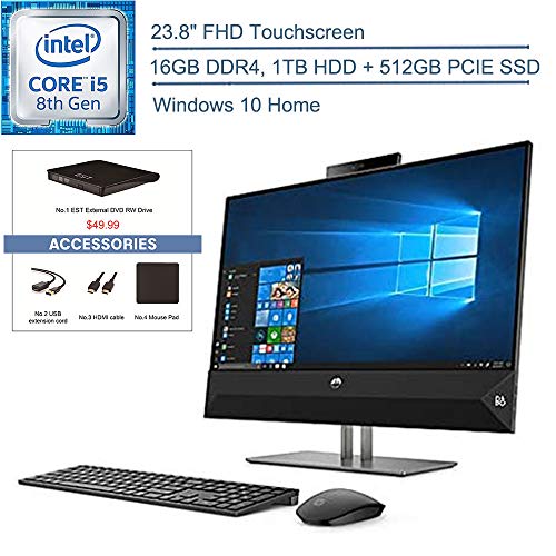 2020 HP Pavilion 24 AIl in One Desktop Computer, 23.8″ FHD Touchscreen, Intel Hexa-Core i5-8400T Beat i7-7700T, 16GB DDR4 RAM, 1TB HDD + 512GB PCIE SSD, Windows 10 + EST External DVD+ Accessories