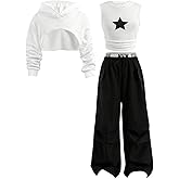 OYOANGLE Girl's Fall Clothes Set Star Graphic Tank Top and High Low Hem Hoodie with Cargo Pants Y2K Athleisure Sets