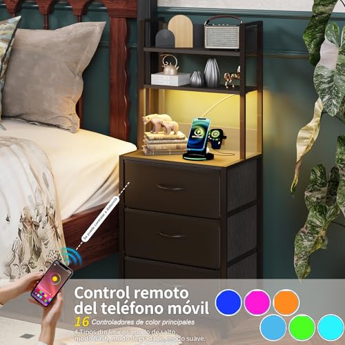 Simple Wisdom Buros para recamara -Mesita De Noche de 6 Niveles,3 cajones Mesa Auxiliar con Estación De Carga de 2 enchufes y Puertos USB y Tira de luz LEDcajón de Tela de Cuero*3. (Negro)