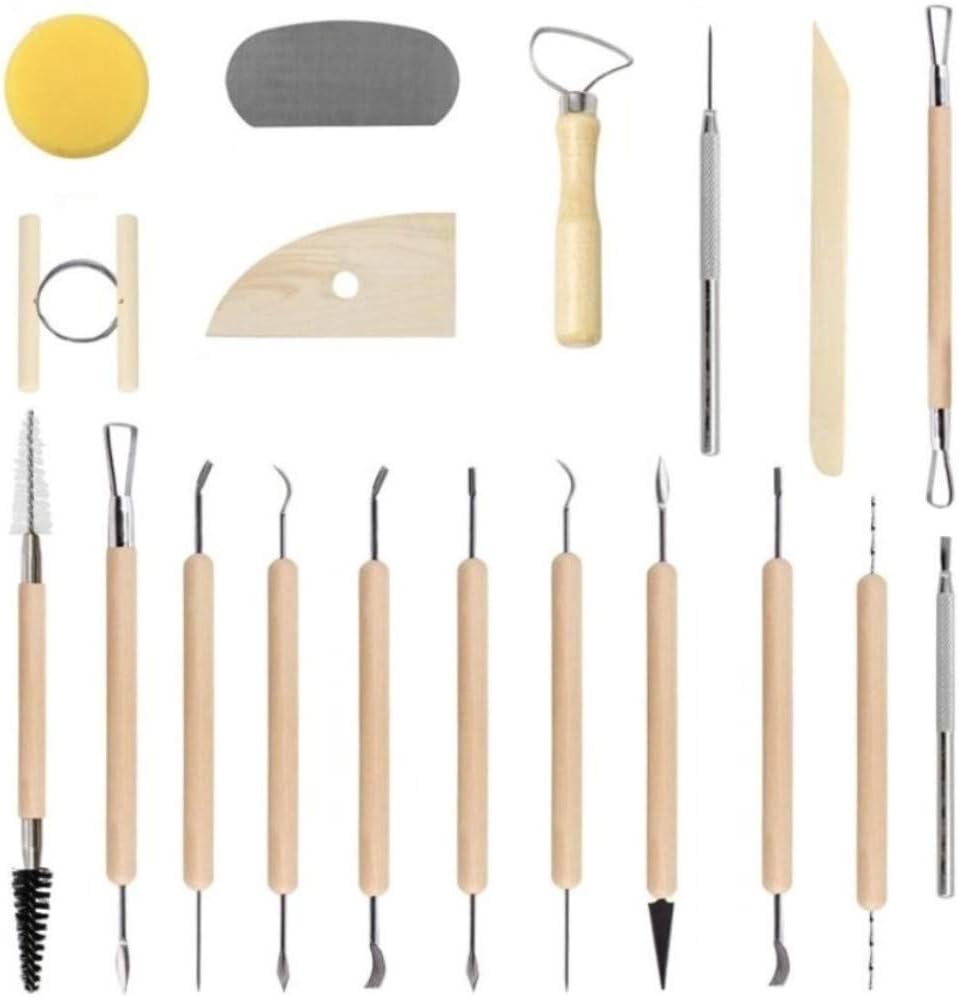Pottery Tools, 19 Pcs Ceramic Pottery Clay Ribbon Sculpting Tool Kit Wooden Handle with Plastic Case, for Beginners and Professional Art Crafts
