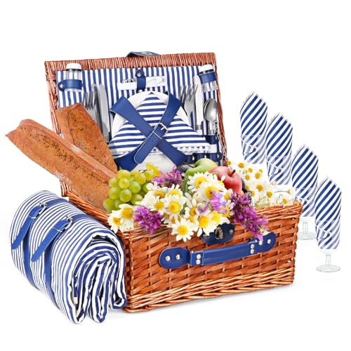 Picnic Basket, Waterproof Wicker Picnic Basket and Cutlery Set, Set of 4 Pic Nic for Camping, Outdoor Activities, Parties, Beach, Blue