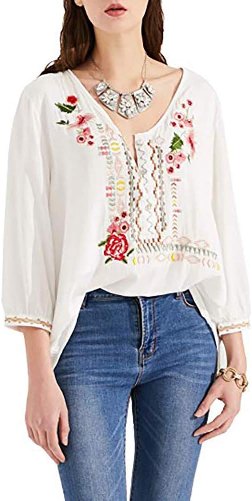 Women's Boho Embroidered Tops 3/4 Sleeve Mexican Peasant Shirts Bohemian Loose Tunic Blouses.