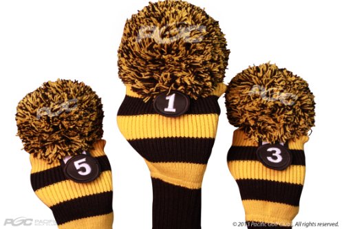 Majek Golf Club Head Covers Black and Yellow Limited Edition Throwback Long Neck Knit Retro Pom Pom Traditional Classic Vintage Old School Ultimate 460cc Driver Fairway Wood Golf Head Cover Stripe Set