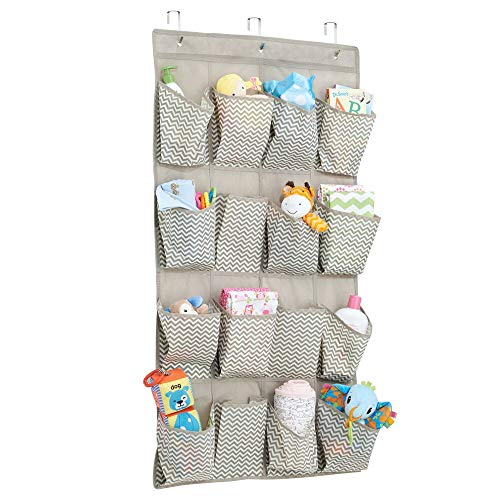 mDesign Soft Fabric Over The Door Hanging Storage Organizer with 16 Deep Pockets for Child/Kids Room, Nursery, Playroom - Metal Hooks Included - Textured Print - Taupe/Natural