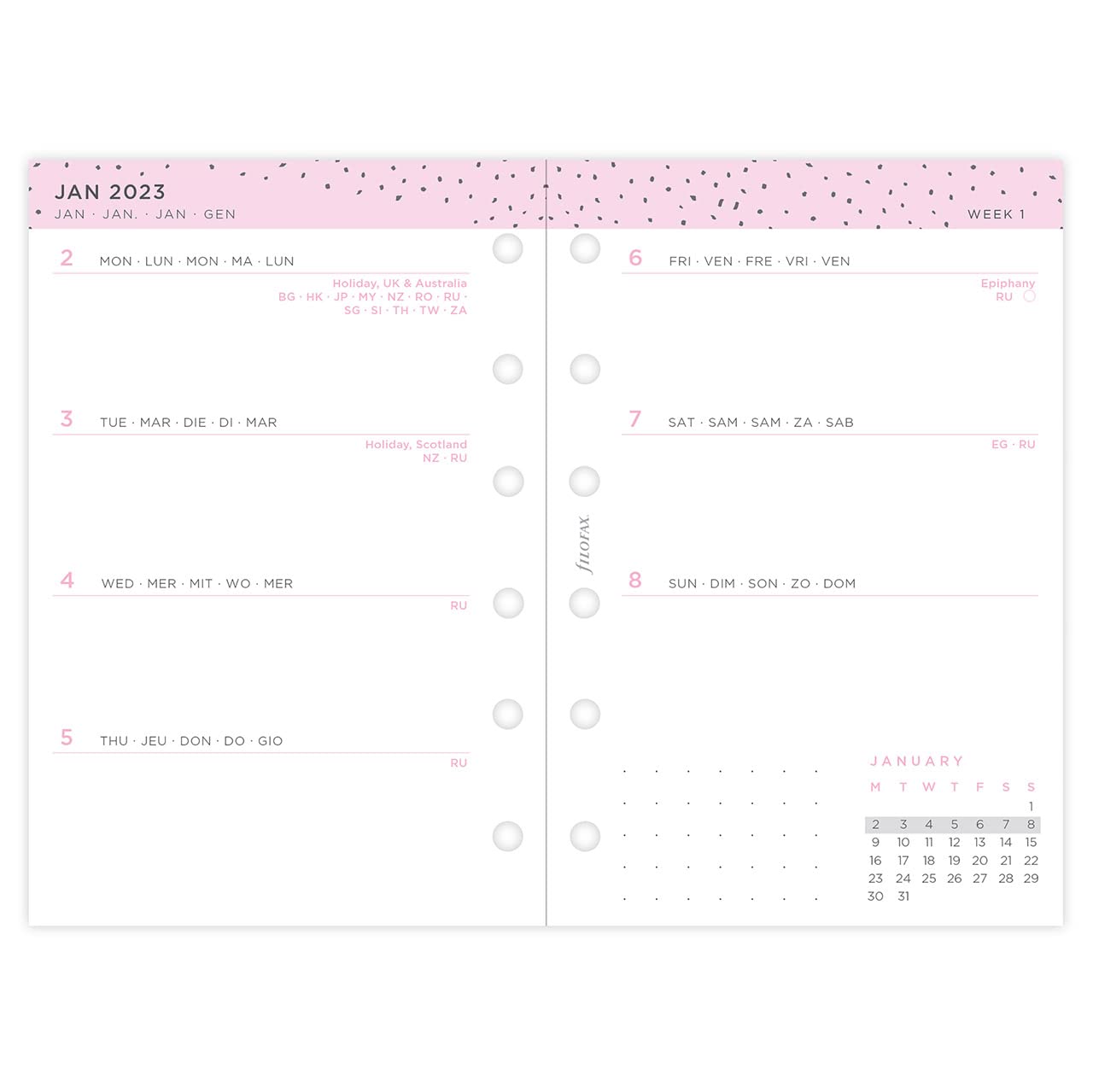 Filofax Pocket Confetti Week to View Diary, Organizer Diary, 2023, Diary Refill, Calendar, White