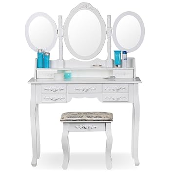 Popamazing Shabby Chic White Dressing Table With 3 Oval Mirror And