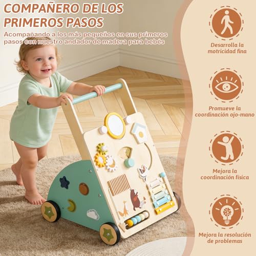 Muja Andadera para Bebe, Carrito para Bebe con Juguetes, Mesa Centro de Actividades, Juguetes de Madera Natural para Niños Pequeños, Desarrollo de la Motricidad (Tipo B)