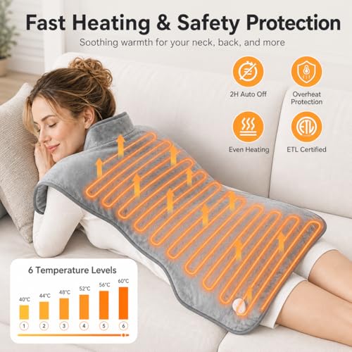 CoreBazz Electric Heating Pad for Neck and Shoulder and Back with 6 Heating Settings & 4 Timer, Large Size Heated Wrap with Auto Shut Off & Machine Washable (Silver Gray, 37x24 inch(94 * 61 CM))