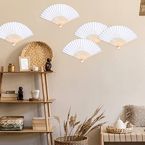 JOHOUSE 12PCS White Folding Fans, Handheld Fabric Fan Foldable Chinese Japanese Bamboo Fans for Women Wedding Dancing DIY Wall Decoration