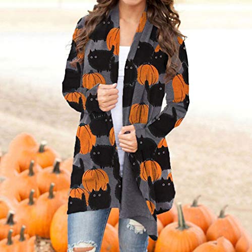 Women\'s Halloween Cardigan Casual Cat Pumpkin Animal Print Long Sleeve Open Front Loose Plus Size Outerwear Autumn