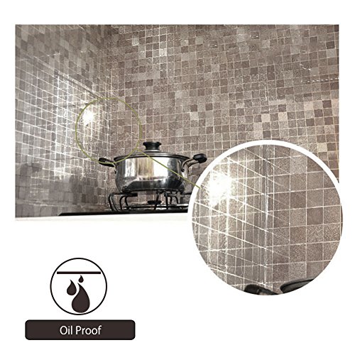 chinatera Peel and Stick Tile Kitchen Backsplash Sticker Aluminum Foil Mural Mosaic Wall Paper Waterproof Removable High Temperature Resistant Self-Adhesive, 18" x 79" (Brown)