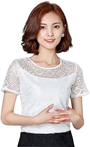 Lace Top Hollow Out Chiffon Tops Summer Going Out Tops White Blouse Women Shirts (M, White)