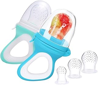 Fruchtsauger Kleinkind Baby, 2 Stück Schnuller Beißring für Obst Gemüse Brei Beikost, schmerzlindernder Beißring Fruchtschnuller zugleich, 6 Silikon Sauger in 3 Größen (Blau + Grün)