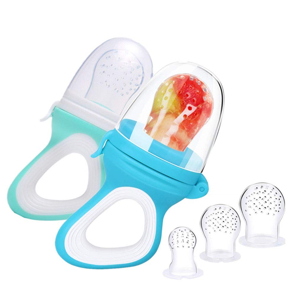 Fruchtsauger Kleinkind Baby, 2 Stück Schnuller Beißring für Obst Gemüse Brei Beikost, schmerzlindernder Beißring Fruchtschnuller zugleich, 6 Silikon Sauger in 3 Größen (Blau + Grün)