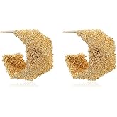 Eioi & Lmnm Women's Gold Matte Textured Geometric Half Hoop Earrings, Chunky Gold Statement Earrings, C Shaped Geometrical Gold Stud Earrings, 925 Sterling Silver Posts Hypoallergenic Gold Half Hoop Earrings, Trendy Jewelry Gift for Her