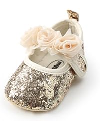 Antheron Baby Girls Mary Jane Flats Soft Sole Infant Moccasins Floral Sparkly Toddler Princess Dress Shoes(Golden,12-18 Month)