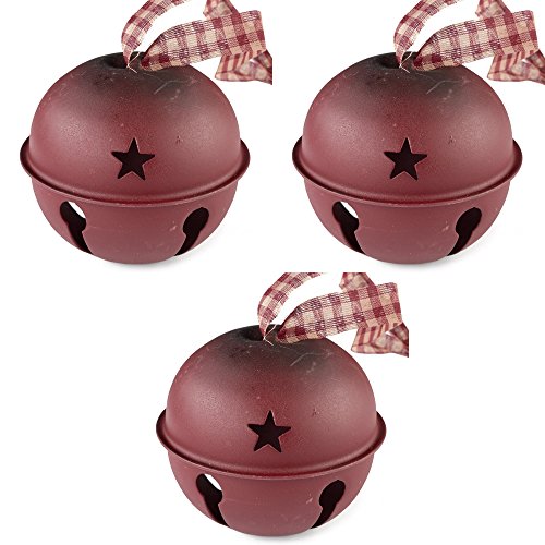 3.5 Inch Matte Red Jingle Bells with Homespun Hanger for Christmas Decor - 3 Jingle Bells
