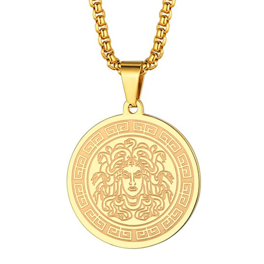 LUTAKU Mens Jewellery Gorgon Medusa Gold Necklace for Men Boys Unisex Ancient Greek Mythology Pendants Pagan Charm Hip Hop Chains for Men (077G)