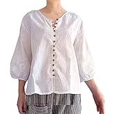 Minibee Women's Cotton Linen Shirts 3/4 Length Sleeve Tops V Neck Button Down Embroidered Blouses