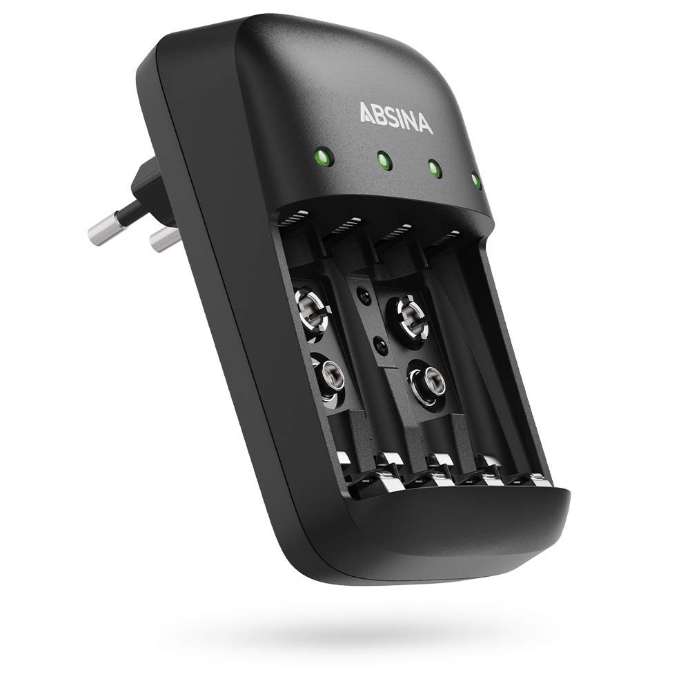 ABSINA Akku Ladegerät AA AAA & 9V - NiMH Batterieladegerät AAA AA & 9V Block 4-Fach für wiederaufladbare Batterien - Akkuladegerät - Battery Charger - Batterie Aufladegerät