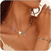 I IHAYNER Colorful Beaded Initial Necklace and Bracelet Set for Girls Personalized Letter Jewelry Gifts Trendy Choker Necklace Matching Bracelet Birthday Friendship Gift