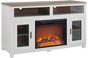 Ameriwood Home Carver Fireplace TV Stand for TVs up to 60 Inch, Replaceable Electric Fireplace Insert Heater, Remote Control, Timer, Realistic Log and Flame Effect, For Living Room or Bedroom, White