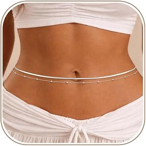 Coshilta Silver Waist Chain for Women, 14K Silver Plated Layered Belly Belt Chains Beach Waist Beads Chain Waterproof Herring