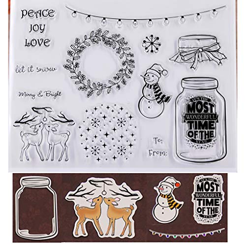 KWELLAM Merry Christmas Let it Snow Snowman Wreath Bottle Deer Star Party Light Clear Stamps for Card Making Decoration and DIY Scrapbooking