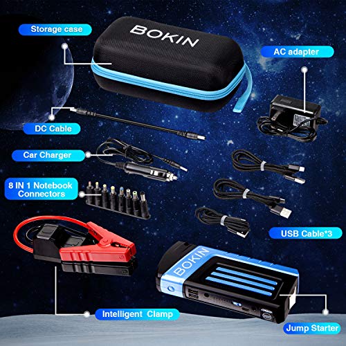 Portable Car Jump Starter, BOKIN 800A Peak 20000mah (up to 8.0L V8 Engine) Multifunctional Auto Battery Jump lithium Battery Pack with QC3.0&Type C USB Output, Emergency Rescue Blade, Safety Hammer