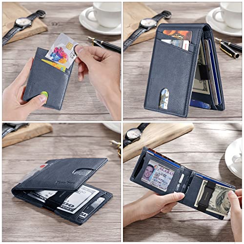 Damaikuan Slim Bifold Front Pocket Wallet For Men Minimalist RFID Blocking Leather Gift Blue 12 Cards Slots 1 ID Window Money Strap