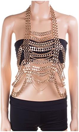 CN1524 - Women's Sexy Fancy Top Body Chain Body Jewelry Bikini Bra Chain Party Body Chain (GOLD CLEAR)