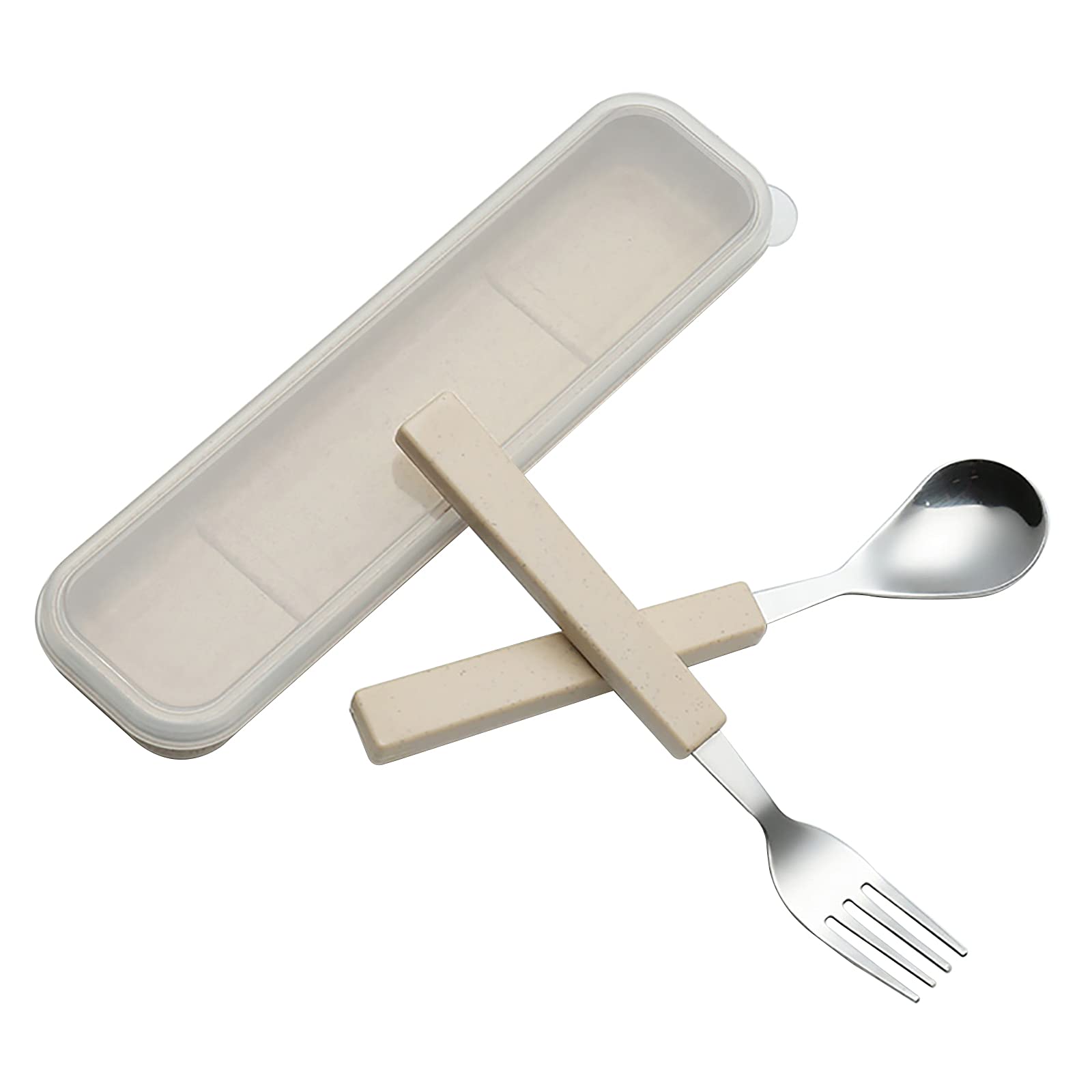 VANRA 2-Piece Children Flatware Set 18/10 Stainless Steel Child Tableware Set Silver Cutlery Set Silverware Dinner Utensils Spoon Fork Set with Travel Case for Kids Toddlers (Chrome Finished) (Cream)