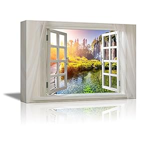 Glimpse into Waterfall in Autumn Out of Open Window Canvas Wall Art Stretched Canvas Prints | Giclee Printing Ready to Hang - 24" x 36"