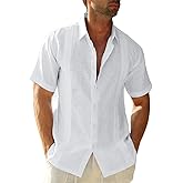 Hestenve Mens Short Sleeve Cuban Camp Guayabera Shirt Linen Cotton Hippie Beach Button Down Shirts