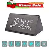 Digital Alarm Clock, Adjustable Brightness Voice Control Desk Wooden Alarm Clock, Large Display Time Temperature USB/Battery Powered for Home, Office, Kids