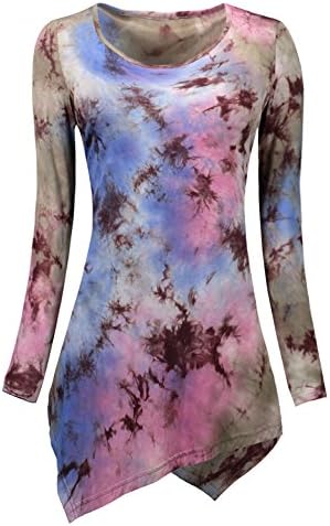 OUNI Women Crewneck Asymmetrical Long Sleeves Tie Dyed Hankerchief Hemline Tunic Top(Medium,Blue)