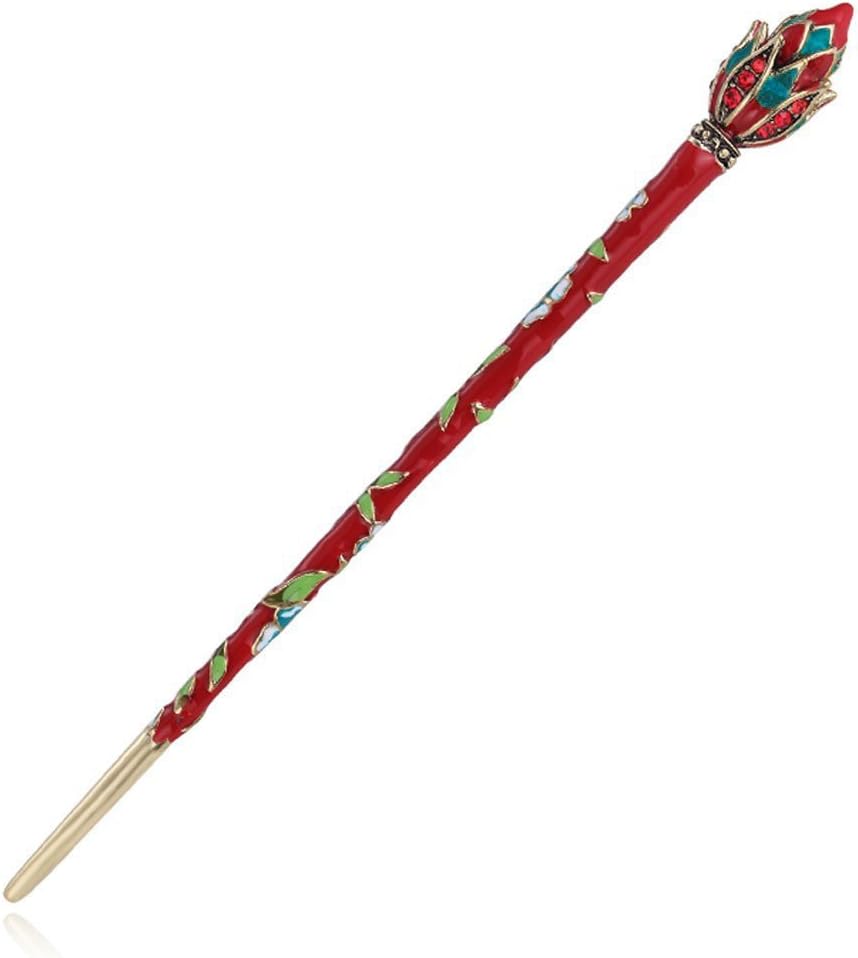 Chinese Traditional Elegant Lotus Flower Hairpins Hair Pin Stick Fashion Long Hair Accessory Decorative for Women Girls,Red