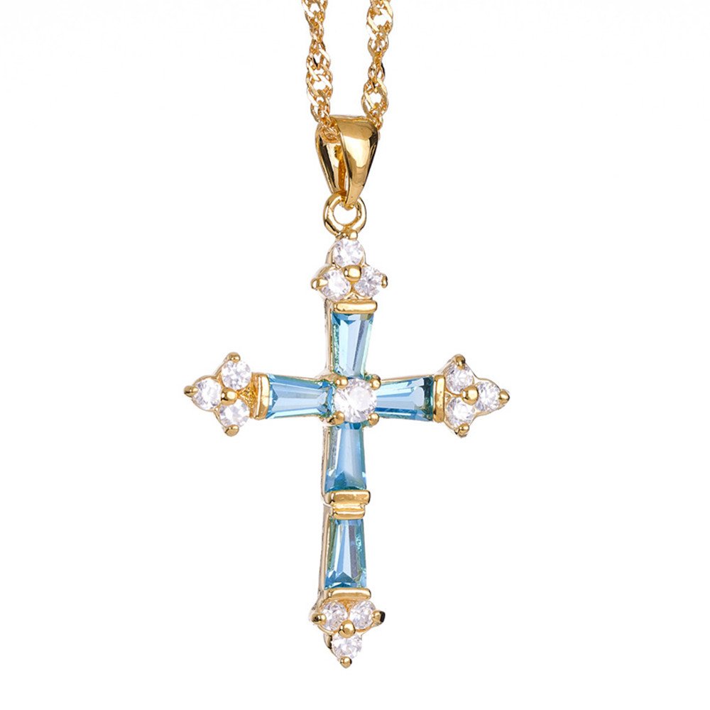 RIZILIA Crucifix Cross Pendant with 45cm(18") Chain & Trapezoid Cut Gemstones CZ [Aquamarine] in 18K Yellow Gold Plated, Simple Modern Elegance — image 1