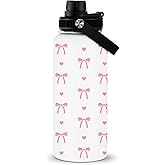 RHONGE Pink Bow Water Bottle 32 Oz, Stainless Steel Christmas Bow Water Bottle, Pink Bows Insulated Cup, Birthday Christmas Gifts For Women Sister Best Friends, Xmas Insulated Cup