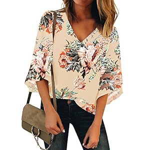 LookbookStore-Womens-V-Neck-Mesh-Panel-Blouse-34-Bell-Sleeve-Loose-Top-Shirt