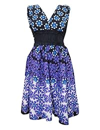 Mogul Womens Peasant Dress V-neck Floral Printed Cotton Blue Dresses