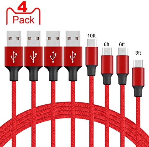 Micro USB Cable 4 Pack 10FT 6FT 6FT 3FT, UPMSX Nylon Braided High Speed USB to Micro USB Charging Cable, Sync and Charging Cord for Samsung, Nexus, LG, HTC, Motorola, Android Smartphone etc [Red]