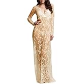 ZIUMUDY Sexy Deep V-Neck Long Sleeve Lace Beach See-Through Maternity Maxi Dress