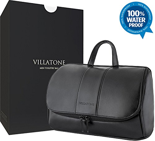 Leather Toiletry Bag for Men by VILLATONE. Large Black Hanging Travel Organizer, Shave Dopp Kit & Portable Bathroom Cosmetic Case for Man (with Premium Gift Box)