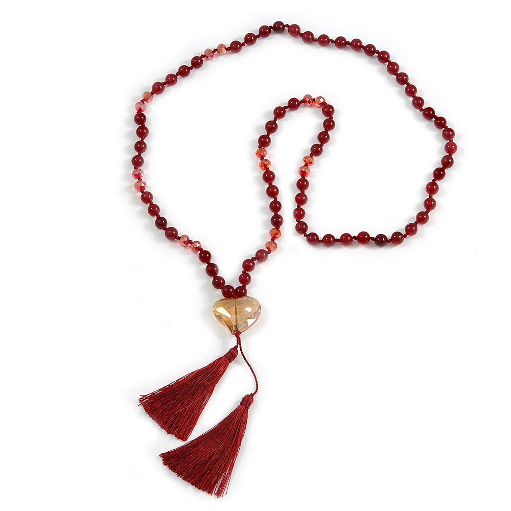 Avalaya Burgundy Red Agate Semiprecious Bead with Glass Heart Pendant/Silk Tassel Long Necklace/80cm L/ 11cm Tassel