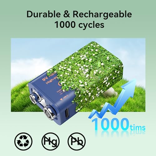 ENEGON 9V Rechargeable Battery 5000mWh (1350mAh) with Type-C Charging, Fully Charged in 3 Hours, LED Indicator, High-Capacity Li-Ion Battery