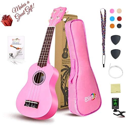 Everjoys Soprano Ukulele Beginner Pack-21 Inch w/ Gig Bag How to Play Songbook Digital Tuner All in One Kit (Pretty Pink)