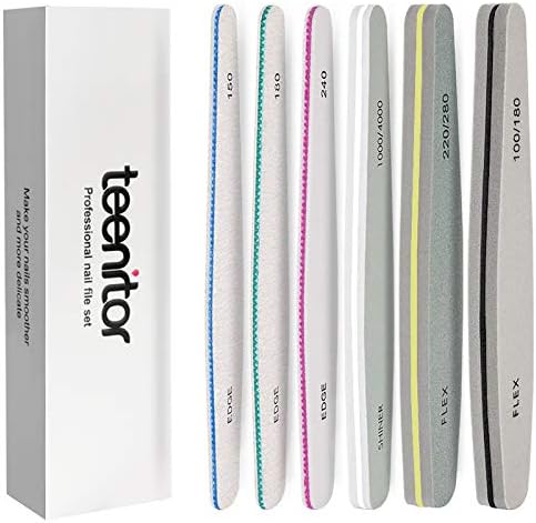 Teenitor Nail File Set, Professional Nail Buffer, Nail File for Gel Nails 150 180 240 100/180 200/280 1000/4000 Grit Set of 6