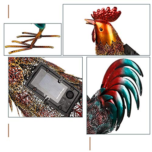 Kircust Garden Solar Metal Rooster Statue Lights Yard Art Decor, Outdoor Standing Chicken Sculpture LED Light Patio Lawn Walkway Backyard and Home Decoration, Multicolor, 16.74-Inch