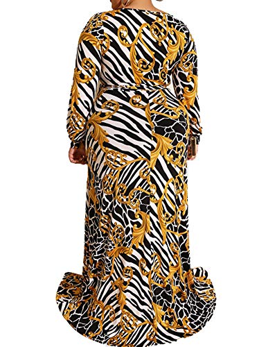Plus Size Long Maxi Dresses with Slit Geometric Vneck Boho Wrap Dresses Gold Black 4X